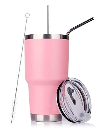 30oz Pink Tumbler Stainless Steel Insulated Travel Mug with Straw Lid Cleaning Brush