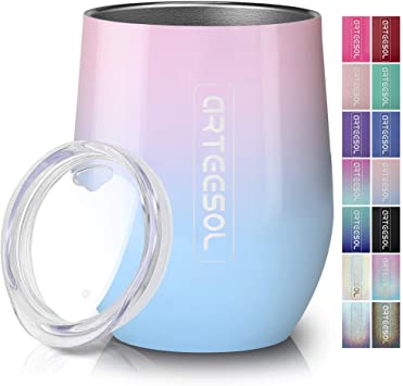 Stainless Steel Wine Tumbler, Arteesol 12oz (340ml) Double Insulated Wall Vacuum with Lids Wine Glasses Tumbler Cup for Hot or Cold Drinks - Perfect for Wine, Coffee, Drinks, Champagne, Cocktails (Taffy-1 Pack)