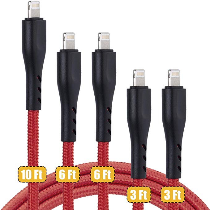 CyvenSmart [3/3/6/6/10FT] iPhone Charger Cable, 5 Pack Extra Long Fast Lightning Charging Cord Compatible for iPhone X 8 7 6S 6 Plus iPad 2 3 4 Mini, iPad Pro Air, iPod (Red)
