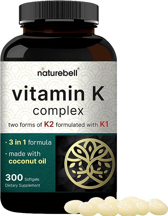 NatureBell Vitamin K Complex, K1   K2 (MK-7 & MK-4) 2,600mcg Per Serving, 300 Coconut Oil Softgels | Max Absorption – Full Spectrum K Vitamins Supplement | Heart & Bone Support | Non-GMO