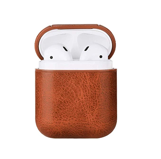 AirPods Case Cover, Leather Case Cover for AirPods, PU Leather Portable Protective Shockproof Cover for Apple AirPods 2 & 1 (Brown)
