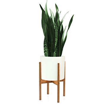 Fox & Fern Mid-Century Modern Plant Stand - Bamboo - EXCLUDING 10" White Ceramic Planter Pot
