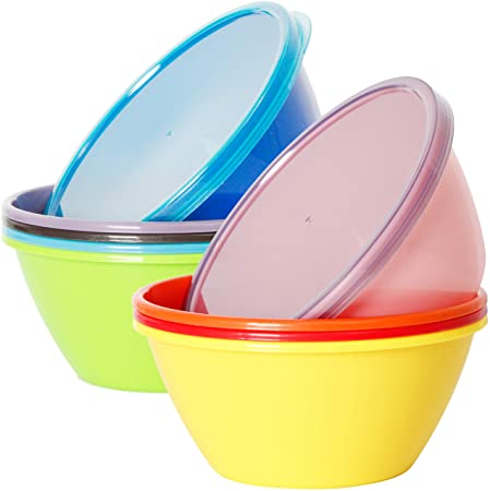 Youngever 22 Ounce Plastic Bowls with Lids, Cereal Bowls, Soup Bowls, Food Storage Containers, Microwave Safe, Dishwasher Safe, Set of 9 in 9 Assorted Colors