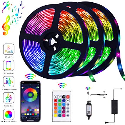 39.42FT/12m LED Strip Lights Flexible Strip Light with Bluetooth Controller Changing Tape Lights kit with LED Sync to Music for TV, Bedroom, Kitchen Under Counter, Under Bed Lighting (3×4M)