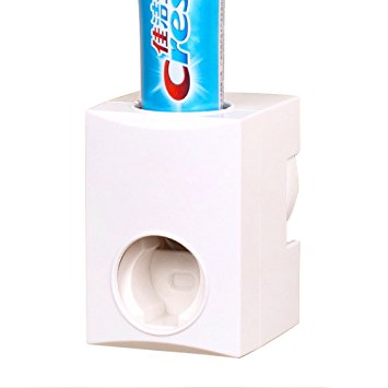 Automatic Dustproof Toothpaste Dispenser with Wall Mounted Toothbrush Holder Kids Hands Free Toothpaste Squeezer (White)