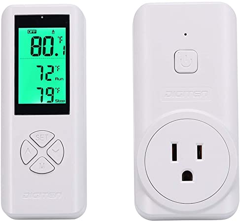 DIGITEN Wireless Thermostat, Temperature Controller Outlet Remote Control Built in Temp Sensor Thermometer 3 Prong Plug Heating Cooling Mode for Fan Heater Greenhouse