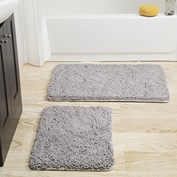 Lavish Home 2 Piece Memory Foam Shag Bath Mat -Grey