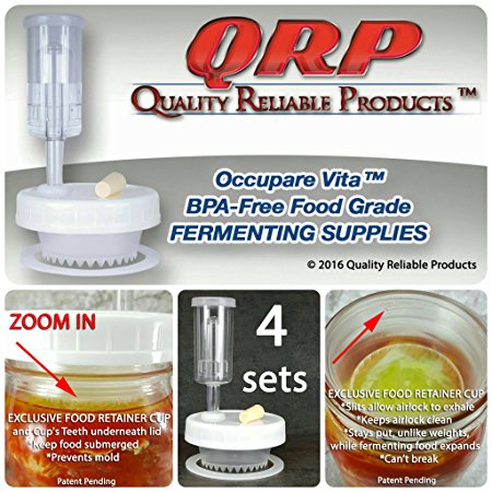 4 QRP Mason Jar FERMENTATION KITS Lids w/ EXCLUSIVE FOOD RETAINER CUPS = NO WEIGHTS NEEDED MOLD-PROOF, installed Grommets, Seals, & Stoppers, & AIRLOCKS (4 WIDE MOUTH)