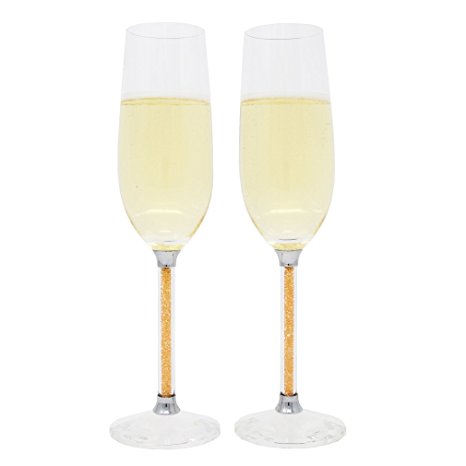KEYTREND Crystal Champagne Flutes with Golden Acrylic Rhinestones Filled Stem Design, Perfect Toasting Glass for Bride and Groom Wedding Party, Set of 2, EPE Gift Box Package