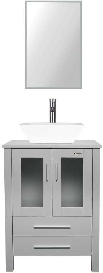 eclife 24” Bathroom Vanity Sink Combo Grey Cabinet 16” White Square Ceramic Vessel Sink & 1.5 GPM Chrome Water Save Faucet & Pop Up Drain (Contemporary/Square)