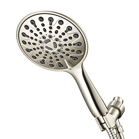 Couradric Handheld Shower Head, 6" Brushed Nickel Face 6 Spray Setting Shower Head with High Pressure, Brass Swivel Ball Mount and Extra Long Flexible Stainless Steel Hose