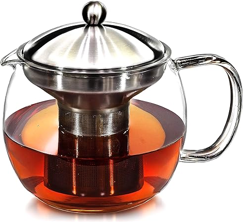 Willow & Everett Glass Teapot - Tea Pot & Warmer Set w/Cozy - Kettle w/in-Built Stainless Steel Infuser & Strainer to Brew Loose Leaf Tea - BPA-Free