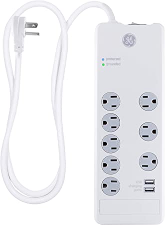 GE Pro 7-Outlet Surge Protector, 2 USB Ports, 4 Ft Power Cord, 2100 Joules, 3 Adapter Spaced Outlets, Flat Plug, Twist to Close Safety Covers, Power Filter, Circuit Breaker, UL Listed, White, 14049