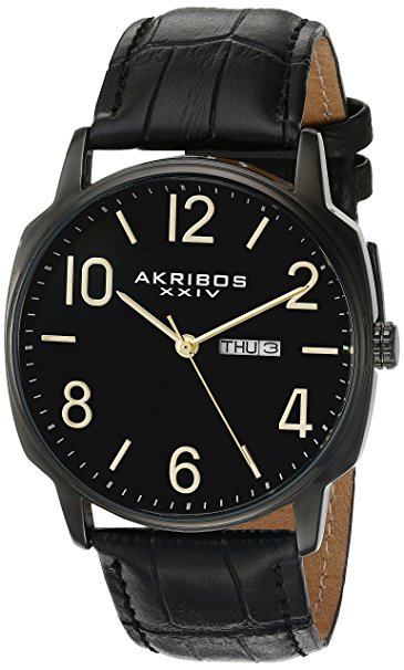 Akribos XXIV Men's AK801BK Quartz Movement Watch with Black Dial and Leather Strap