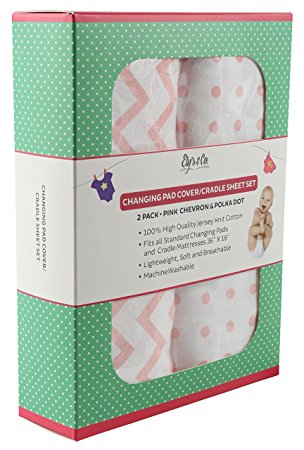 Changing Pad Cover Set - Cradle Sheet Set 100% Cotton Jersey Knit for Baby Girl - 2 Pack Pink and White Chevron and Polka Dots by Ely's & Co