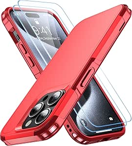 Shockproof for iPhone 15 Pro Case,[18 FT Military Grade Drop Protection],with 2X[Tempered Glass Screen Protector ] with Air Bumpers Full-Body Protective Phone Case,Red