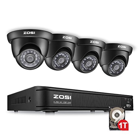 ZOSI 8 Channel 720P AHD-TVI Security Camera System,1080N CCTV DVR Recorder with 1TB Hard Disk Built-in and (4) 1280TVL Weatherproof Dome Cameras with 65ft Night Vision