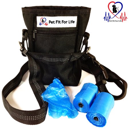 Pet Fit For Life Dog Treat Training Pouch Poop Bag Dispenser Ball Toy Holder wBonus 2 Rolls Waste Bags Adjustable Strap For Waist Or Over the Shoulder 2 Zippered Pockets And Drawstring Inner Pouch