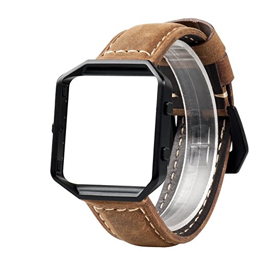 Wearlizer Vintage Replacement Leather Strap with Metal Frame for Fitbit Blaze - Brown, Black Frame