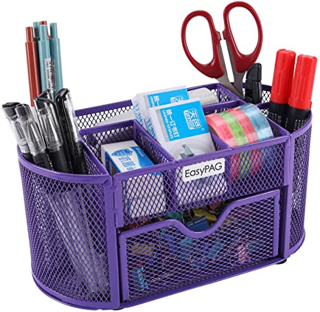 EasyPAG Desk Organizer 9 Components Mesh Office Desktop Supplies Caddy with Drawer,Purple