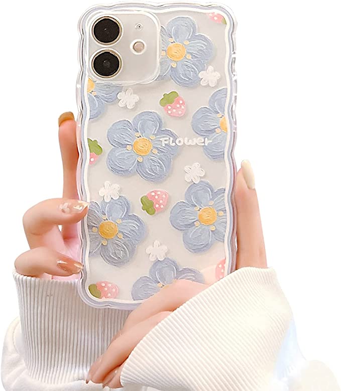 Ownest Compatible with iPhone 12 Clear Case with Flower Cute Strawberry Lace Design for Girls Woman TPU Protective Slim Shockproof Floral Case for iPhone 12-Blue