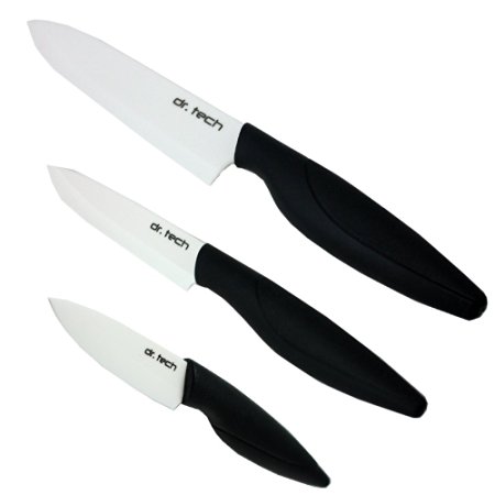 3-piece Ceramic Knife Set with White Blade and Black Handle by dr. Tech