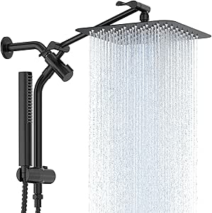 Veken 10" All Metal Shower Heads with Handheld Spray Combo&Power Wash, High Pressure Square Rain Shower Head with Wand&Extension Arm, Wide Adjustable Rainfall Showerhead with Slide Bar Matte Black