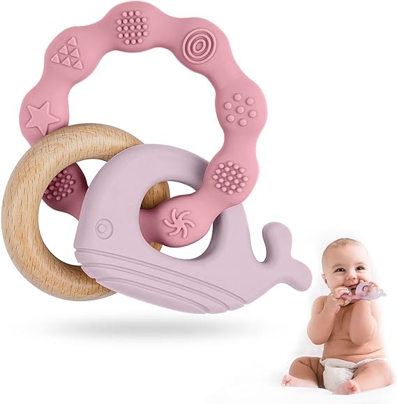 Vicloon Teething Toys for Baby, Silicone and Wood Teether, Baby Teether Toys Teether Chew Toy, Easy to Hold and Clean Up, Whale Teething Toy Silicone chewlery for Boys&Girls (Pink)