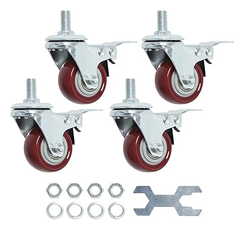 Finnhomy Swivel Caster Wheels 2 Inch Heavy Duty Threaded Stem Casters 1/2"-131" with Brake Set of 4 Premium Polyurethane Wheels PU Load Bearing 600 Lbs Anti-wear Smooth Casters, Red