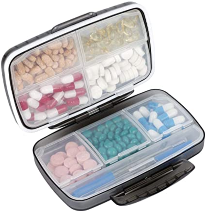 Bidear Travel Pill Organizer Large Portable Moisture Proof Vitamin Case, Bidear Oversize 8 Compartment Pill Box, Pill Holder - Airtight & Moistureproof – Black