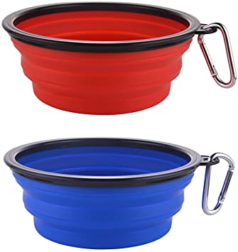 Large Collapsible Dog Bowls, 34oz Travel Water Food Bowls Portable Foldable Collapse Dishes with Carabiner Clip, 2 Pack (Blue   Red )