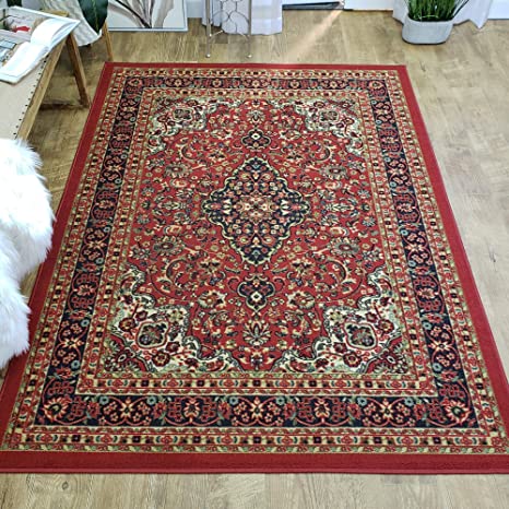 Rubber Backed Area Rug, 58 x 78 inch , Persian Medallion Carmine Red, Non Slip, Kitchen Rugs and Mats