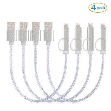 Upow 4 Pcs 2-in-1 Nylon Braided Sync and Charge Cable025m98inch with LightningampMicro USB Connectors for iPhone 6S6S Plus66SSE5S Samsung Galaxy HTC and More Silver