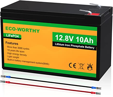 ECO-WORTHY 12V 10Ah Lithium LiFePO4 Deep Cycle Battery with 3000  Cycles, Built-in BMS, Perfect for Kids Scooters, Fishfinder, Lighting, Power Wheels, Lawn Mower, Cyberpower UPS