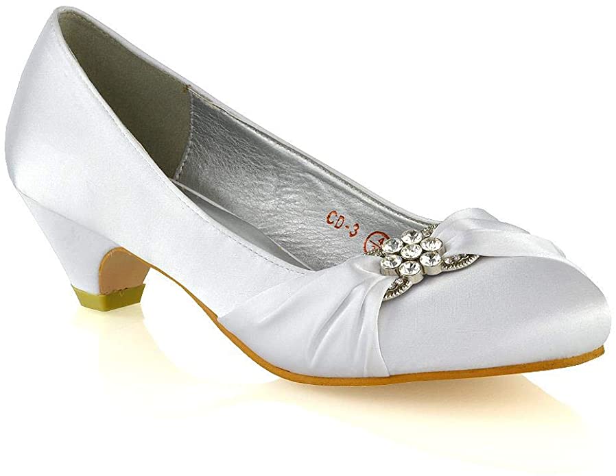 ESSEX GLAM Womens Bridal Pumps Satin Diamante Brooch Slip On Shoes