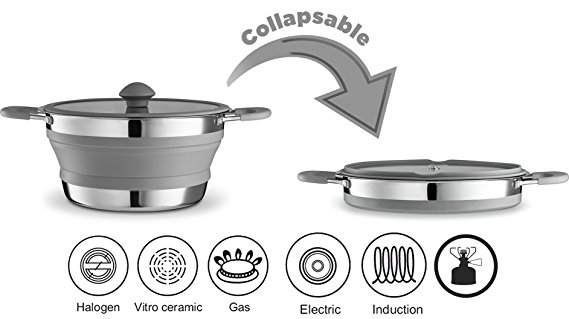 Gourmia Collapsible Pot – Stainless Steel, Silicone and Glass Lid – For Gas and Electric Stove Cooking – Great for Outdoors, Hiking, Camping, Traveling - BPA Free