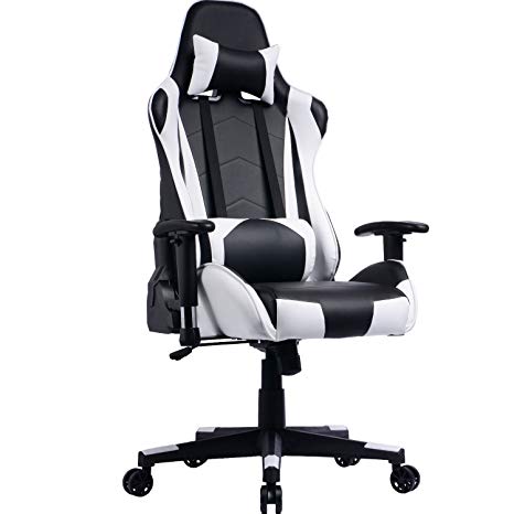 Gaming Chair with Reclining Backrest, Racing Style High Back Office Chair - Chaise Gamer (B - White)