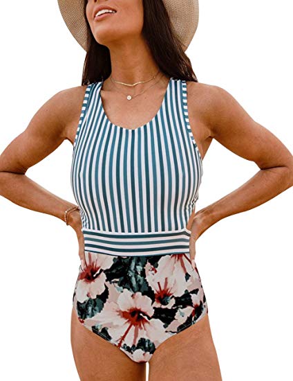 MEROKEETY Women's Lilies Striped Print One Piece Tank Top Swimsuit Cut Out Zip Up Monokini Swimwear