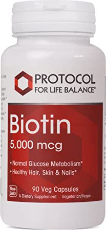 Protocol For Life Balance - Biotin 5000 mcg - Supports Amino Acid Metabolism and Supports Healthy Immune System, Supports Healthier Hair, Skin, and Nails, Energy Boost - 90 Veg Capsules