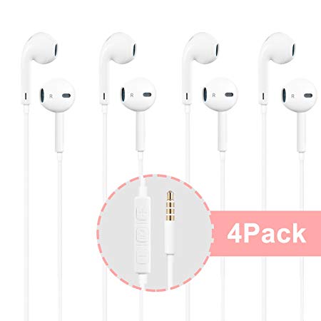 Headphones, 4Pack Quality Earbuds Earphones with Microphone and Volume Control, Compatible with Phone 6s Plus/6s/6/SE/5s/5c/5 Galaxy and More Android Smartphones 3.5mm Headphones White