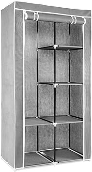 Navaris Canvas Effect Wardrobe - Foldable Storage Cupboard for Clothes 34.6" x 66.9" x 17.7" - With 5 Shelves, Rail, Metal Frame, Cover - Light Gray