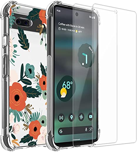 Google Pixel 6A Case (2022), Topnow Design with Shockproof Corner and Exquisite Pattern Case, with 2 Pack Tempered Glass Screen Protector, Slim TPU Protective Cover for Pixel 6a-Flowering