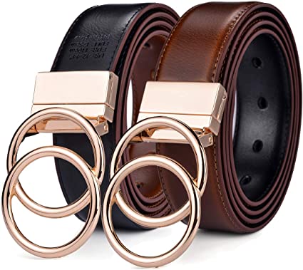 Beltox Women Belt Leather 1.3” Reversible 2 in 1 Rotated 2 Rings Gold Buckle