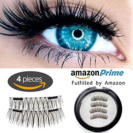 Upgraded Premium Dual Magnetic 3D Reusable False Eyelashes Ultra Thin Soft Natural Lashes 0.2mm- 1 pair (4 pieces) Double Magnetic Hold [No Glue] Safe Secure