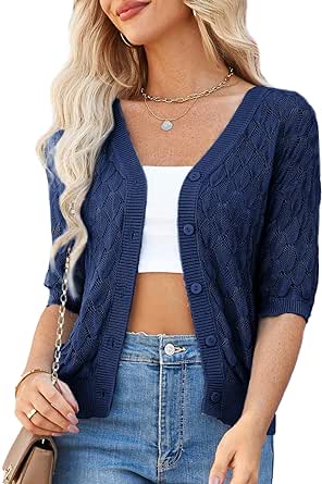 GRACE KARIN Women's Summer Short Sleeve Cropped Cardigan Sweaters Crochet Knit Shrug Open Front V-Neck Button up Tops