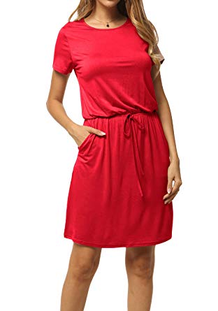 levaca Women's Plain Short Sleeve Casual Short Dress with Pockets