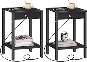 HOOBRO Side Table with Charging Station, Set of 2 End Tables with USB Ports and Outlet, Nightstand with 2-Tier Storage Shelf, for Living Room, Bedroom, Small Space, Black BK91UBZP201