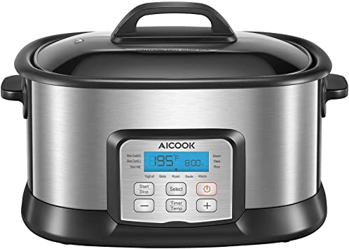 Slow Cooker 6Qt, AICOOK 10-in-1 Programmable MultiCooker, Adjustable Temp & Time Food Steamer, Automatic Keep Warm for Slow Cook with Digital Timer, Non-Stick Pot, Glass Lid, Steaming Rack, 1500W