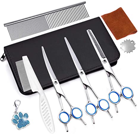 Professional Dog Grooming Scissors Hair Cutting Set, Pet Grooming kit, Dog Shears for Grooming, Thinning Shears, Curved Scissors, Grooming Comb for Dogs Rabbits Cats Grooming Tools