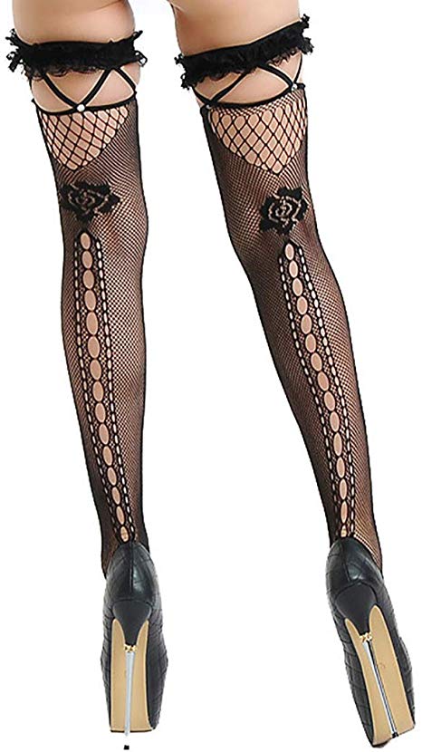 Sexy Thigh High Stockings Hollow Out Tights Lace Female Fishnet Mesh Print Transparent